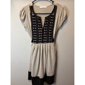 Y2K Babydoll Gray Knit Mini Dress Black Crochet Bib Tie Back Small